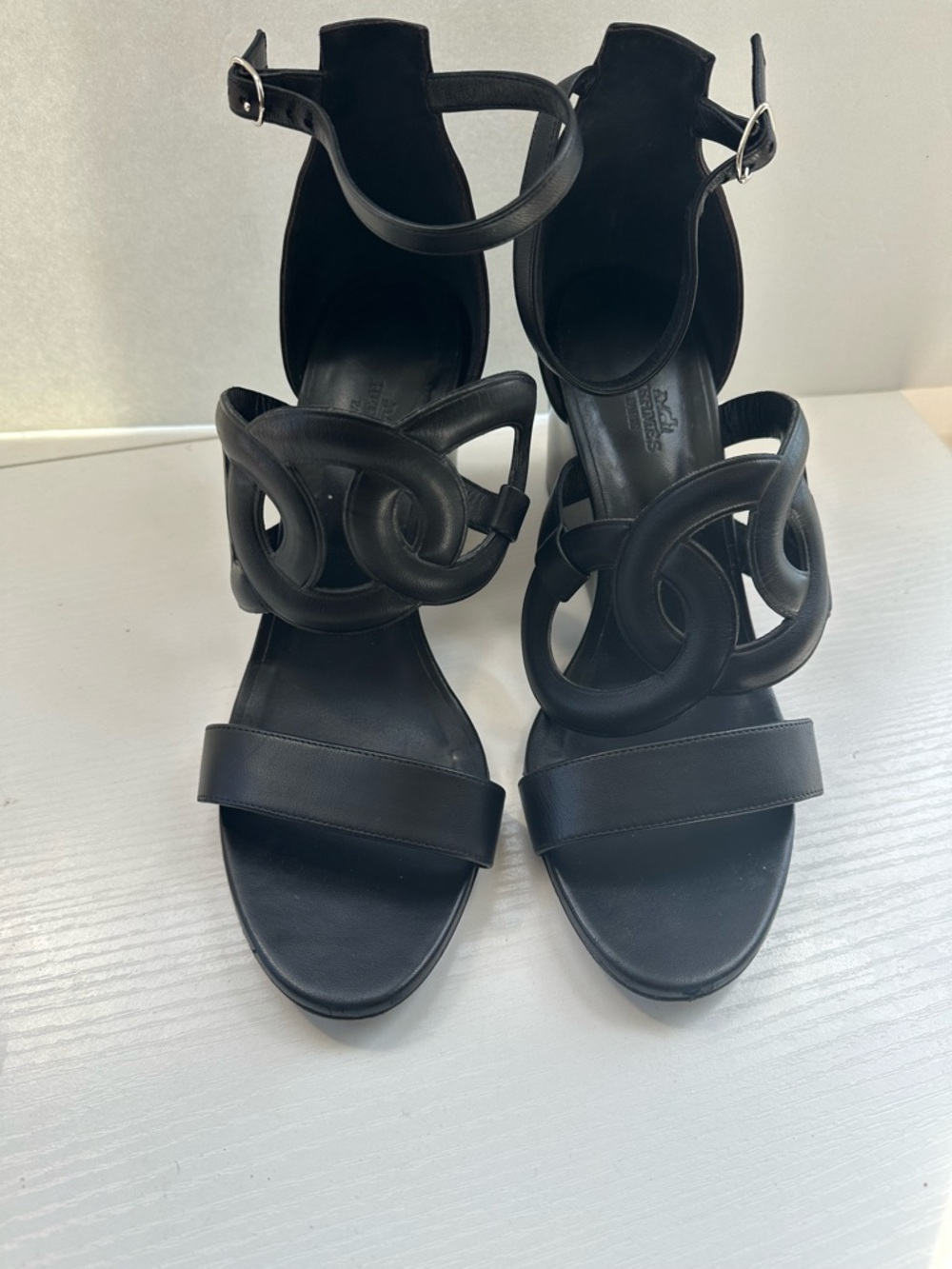 Hermes Brisbane Black Leather Ankle-Strap Wedge Sandals - Picture 6 of 12